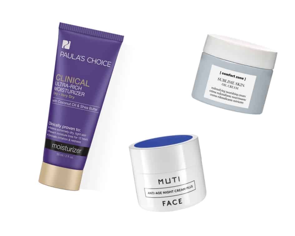 Die besten Produkte gegen trockene Haut: Ultra Rich Moisturizer von Paula's Choice, Sublime Skin Oil Cream von Comfort Zone und Anti Aging Cream Plus von Muti